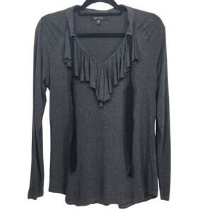 Karen Kane Heathered Black Ruffled V-neck Long Sleeve Blouse Women's L